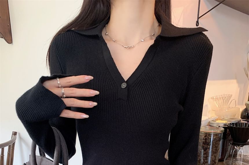 Long-Sleeve V-Neck Knit Polo Shirt