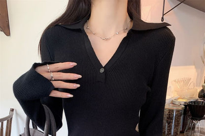 Long-Sleeve V-Neck Knit Polo Shirt