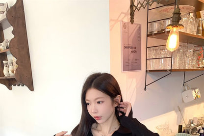 Long-Sleeve V-Neck Knit Polo Shirt