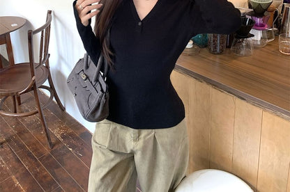 Long-Sleeve V-Neck Knit Polo Shirt