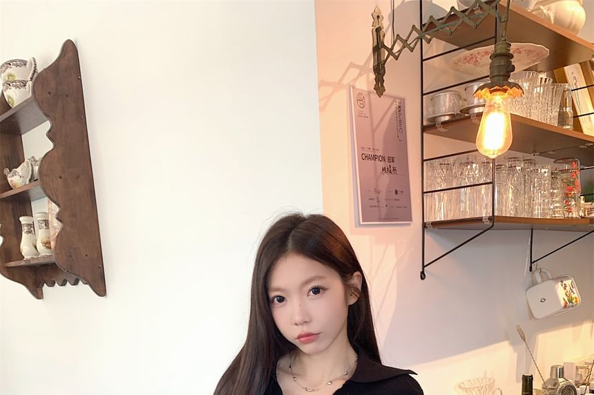 Long-Sleeve V-Neck Knit Polo Shirt
