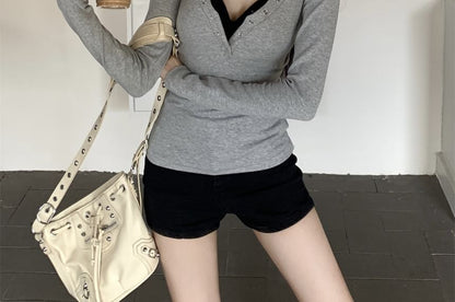 Half-Buttoned Long-Sleeve Mock Two-Piece Top