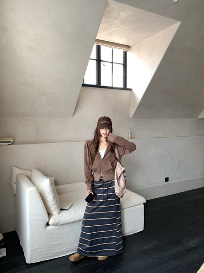 Zip-Up Hoodie and Striped Maxi A-Line Skirt Set