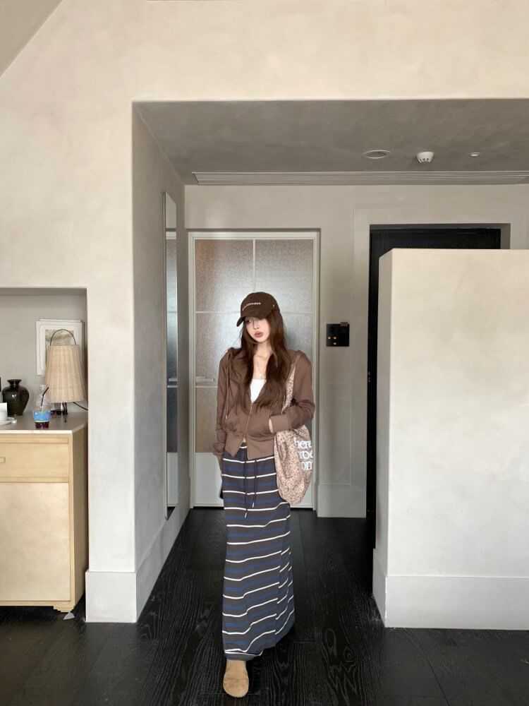 Zip-Up Hoodie and Striped Maxi A-Line Skirt Set