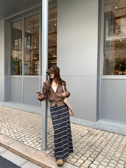 Zip-Up Hoodie and Striped Maxi A-Line Skirt Set