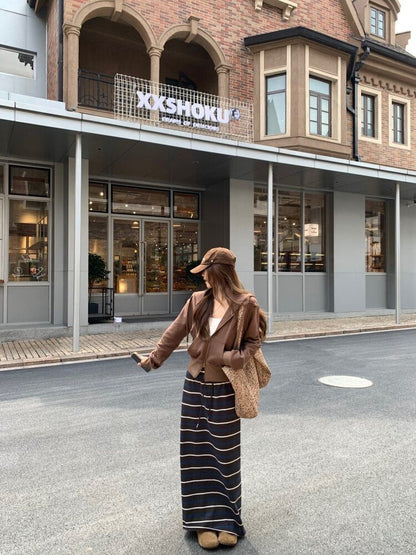 Zip-Up Hoodie and Striped Maxi A-Line Skirt Set