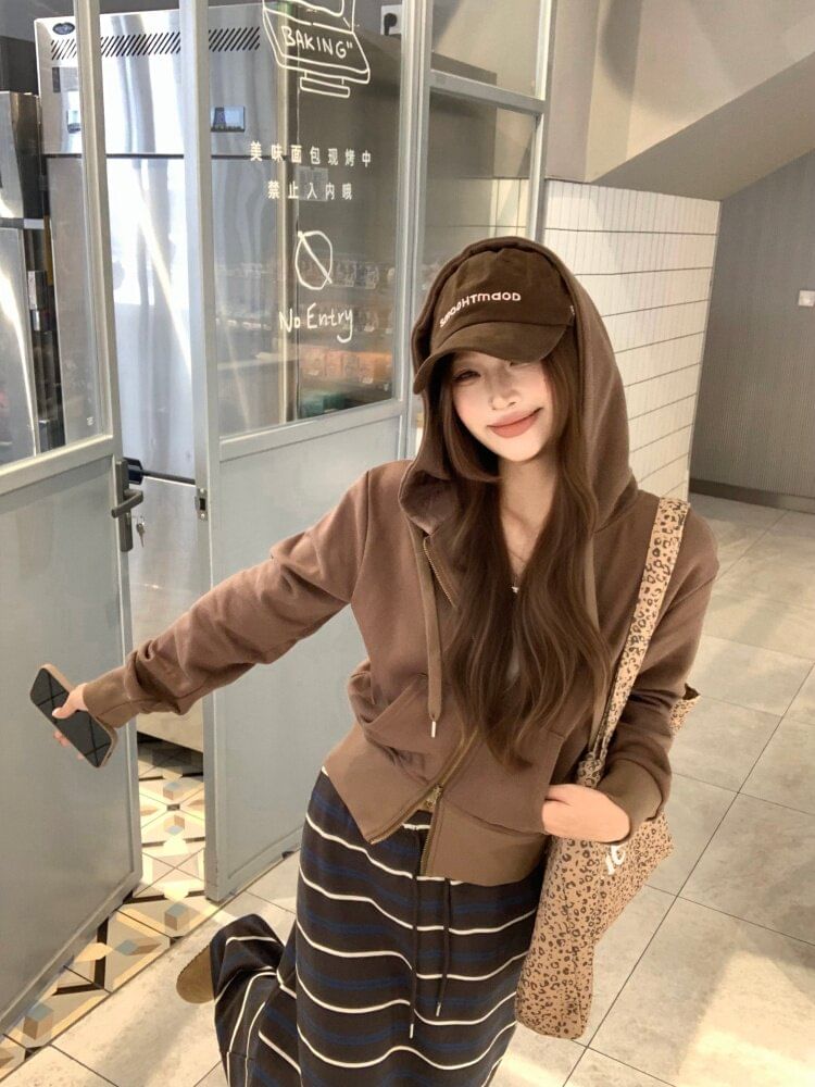 Zip-Up Hoodie and Striped Maxi A-Line Skirt Set