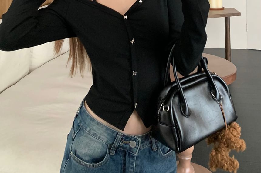 Long-Sleeve Button-Front V-Neck Crop Top