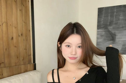 Long-Sleeve Button-Front V-Neck Crop Top