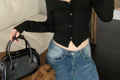 Long-Sleeve Button-Front V-Neck Crop Top