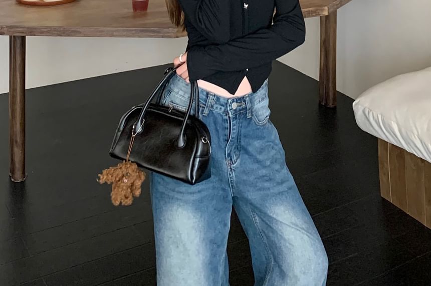 Long-Sleeve Button-Front V-Neck Crop Top