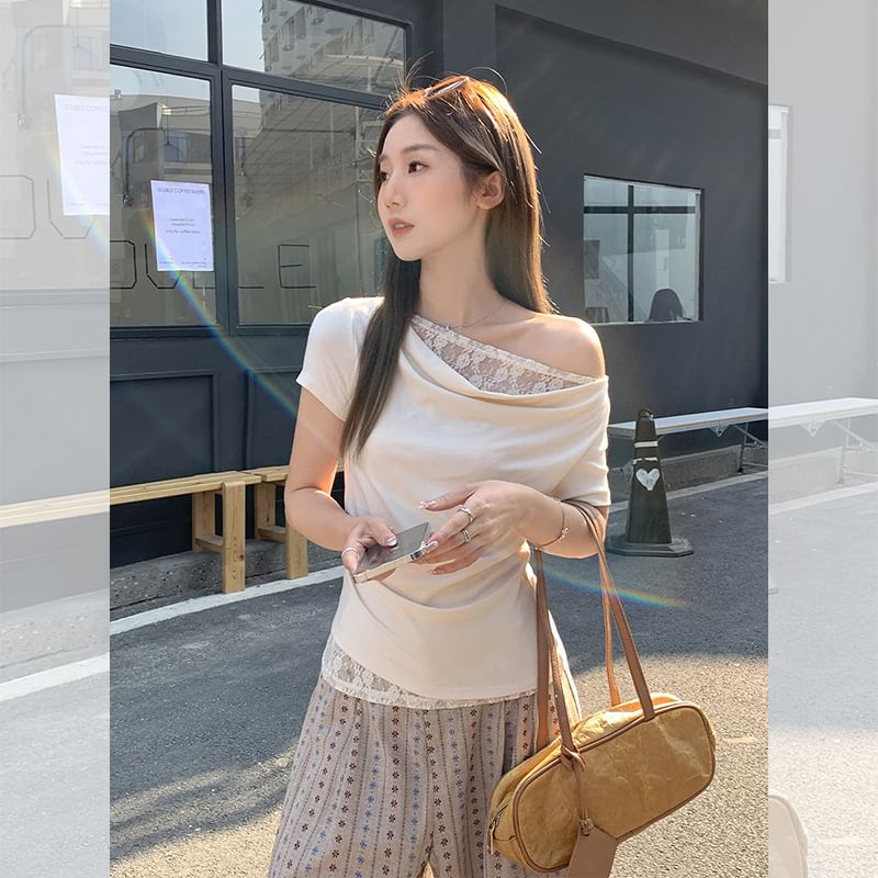 Cowl Neck Lace Panel Fitted Top with Short Sleeves