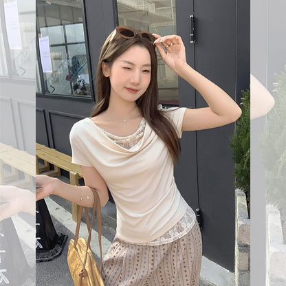 Cowl Neck Lace Panel Fitted Top with Short Sleeves