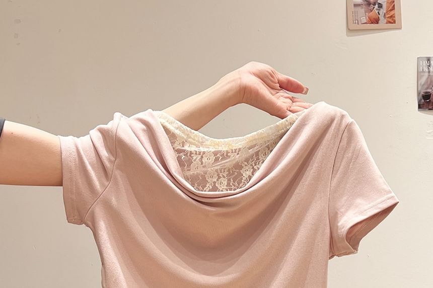 Cowl Neck Lace Panel Fitted Top with Short Sleeves