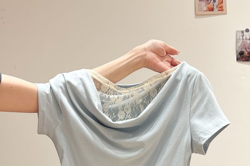 Cowl Neck Lace Panel Fitted Top with Short Sleeves