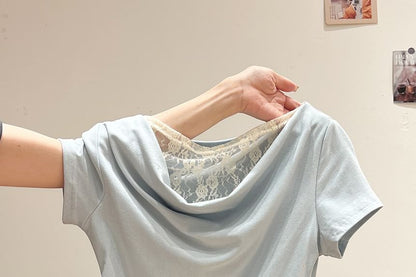 Cowl Neck Lace Panel Fitted Top with Short Sleeves