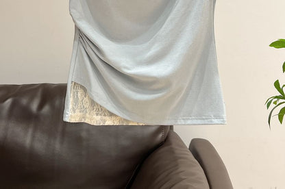 Cowl Neck Lace Panel Fitted Top with Short Sleeves