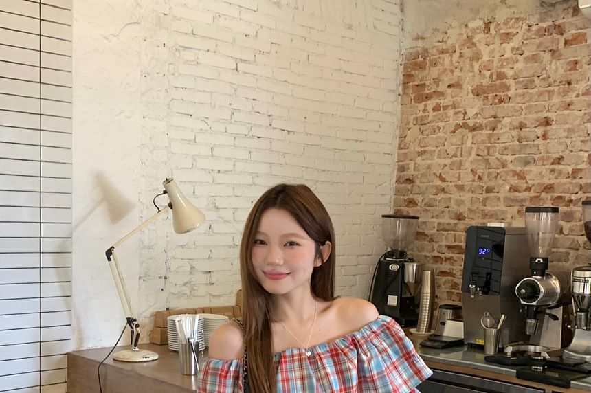 Plaid Off-Shoulder Crop Top with Long Sleeves