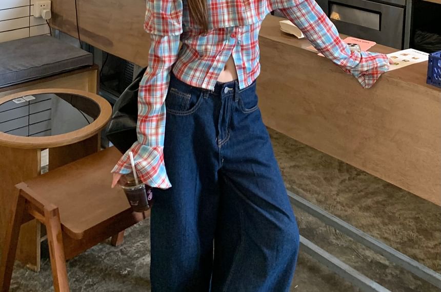 Plaid Off-Shoulder Crop Top with Long Sleeves