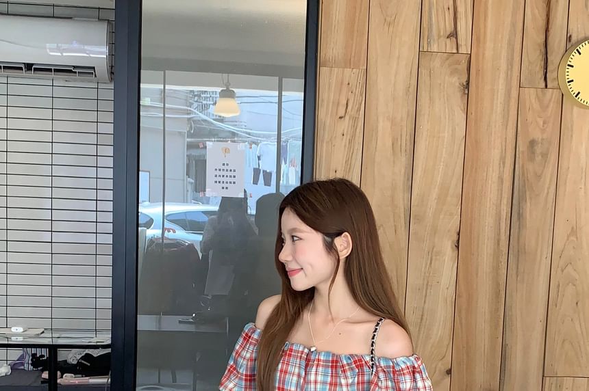 Plaid Off-Shoulder Crop Top with Long Sleeves