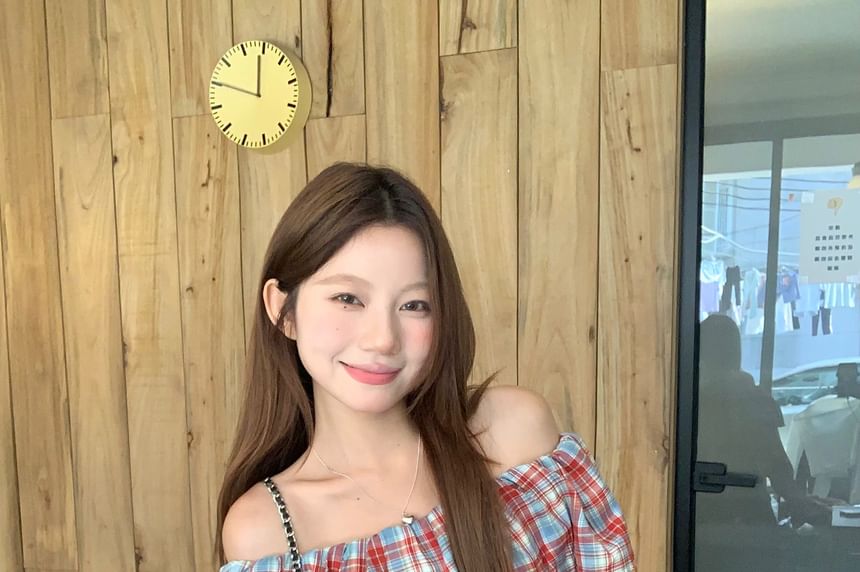 Plaid Off-Shoulder Crop Top with Long Sleeves
