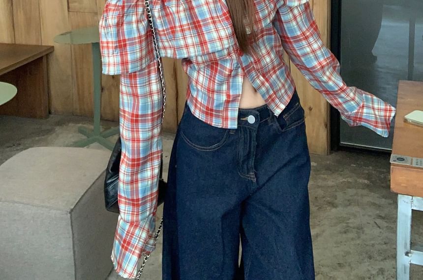 Plaid Off-Shoulder Crop Top with Long Sleeves