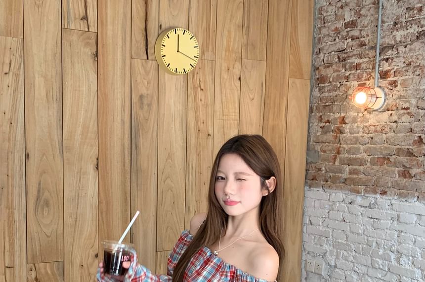 Plaid Off-Shoulder Crop Top with Long Sleeves