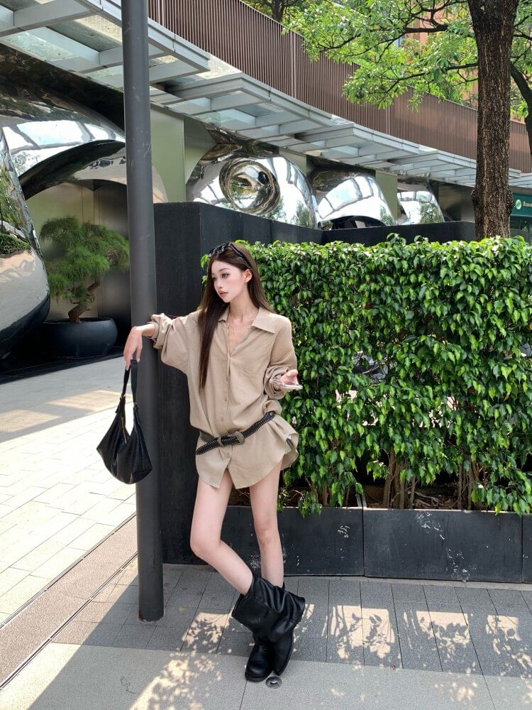 Solid Button-Front Long-Sleeve Shirt