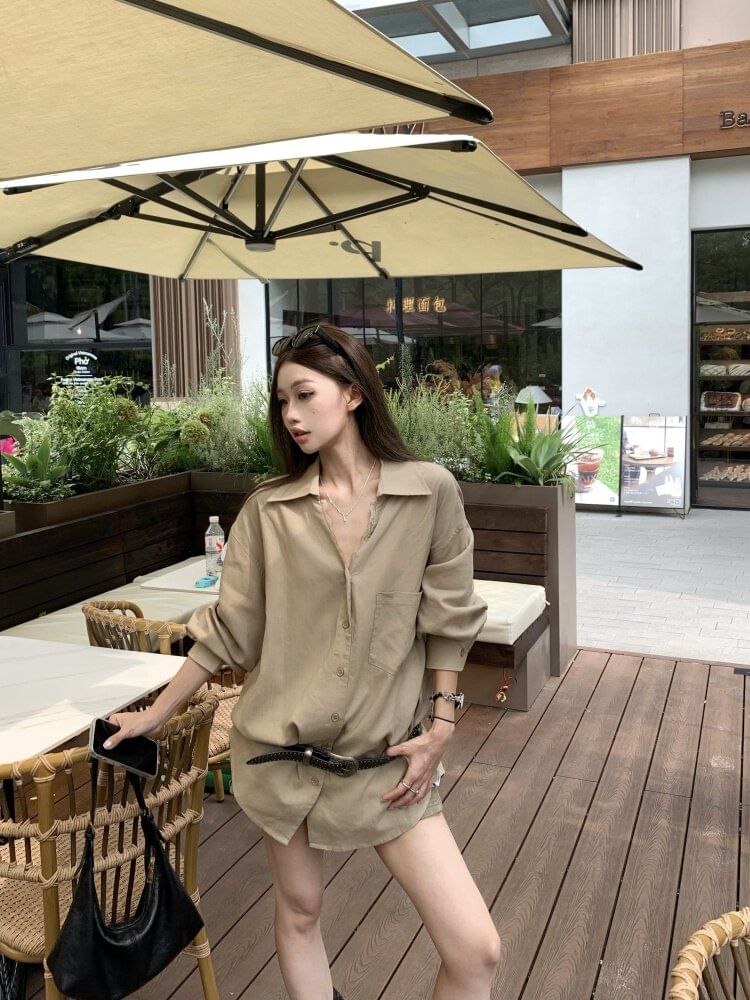 Solid Button-Front Long-Sleeve Shirt