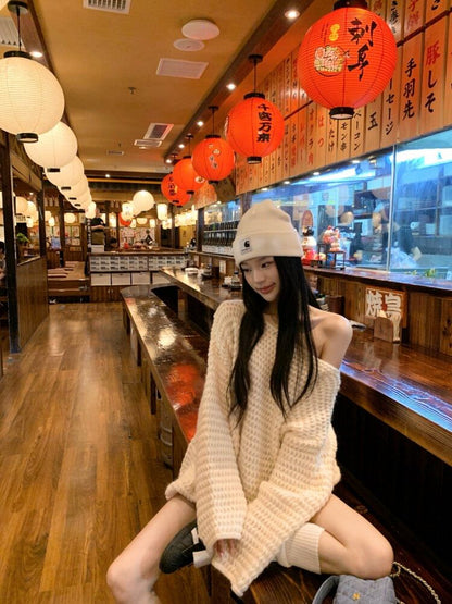 Flared Sleeve Off-Shoulder Solid Knit Pullover