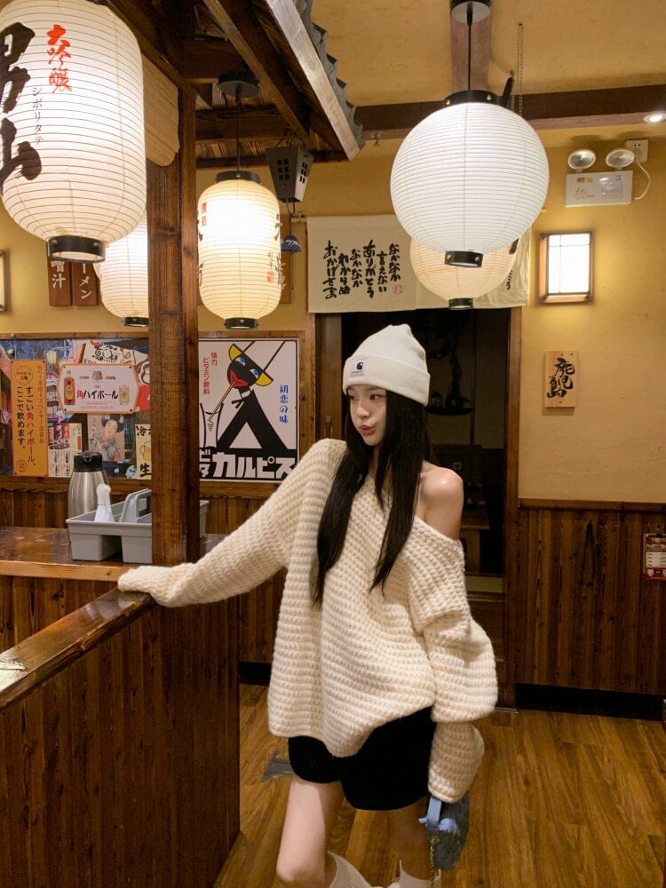 Flared Sleeve Off-Shoulder Solid Knit Pullover