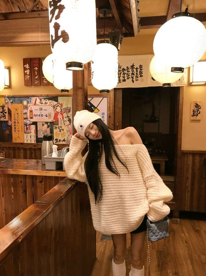 Flared Sleeve Off-Shoulder Solid Knit Pullover