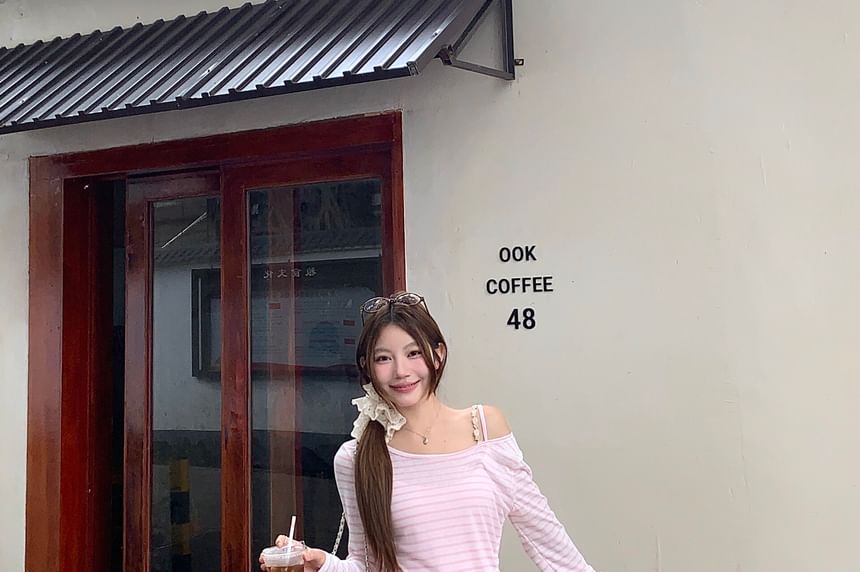 Striped Off-Shoulder Tee and Maxi A-Line Dress Set