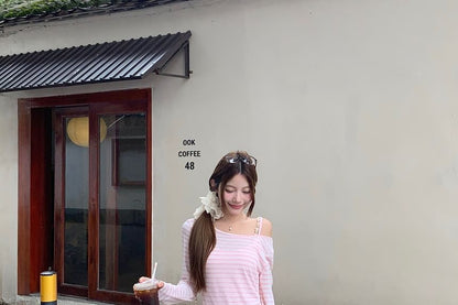 Striped Off-Shoulder Tee and Maxi A-Line Dress Set