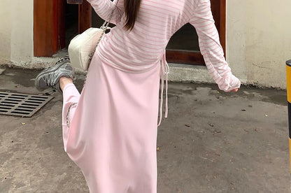 Striped Off-Shoulder Tee and Maxi A-Line Dress Set