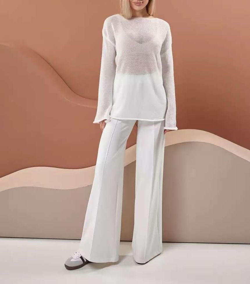 Boat Neck Knit Top with Long Sleeves