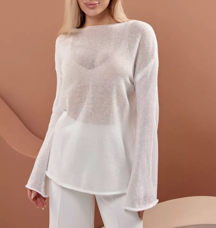 Boat Neck Knit Top with Long Sleeves