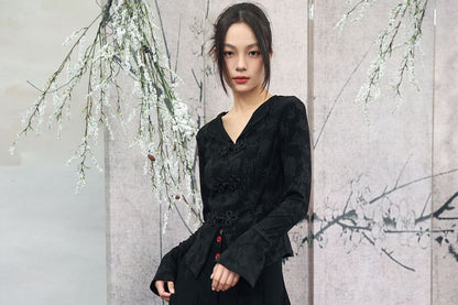 Corduroy Button Layered Lace Maxi A-Line Skirt High-Waisted Contrast Stitch