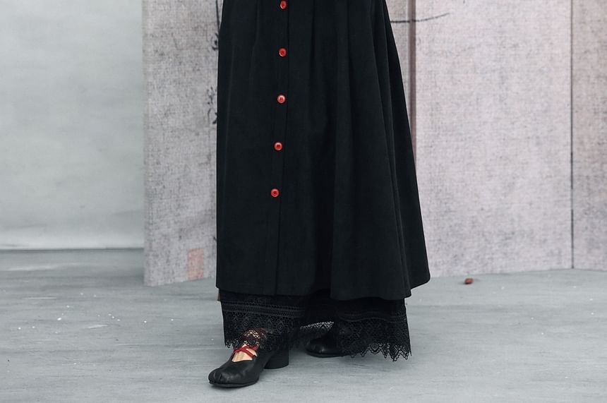 Corduroy Button Layered Lace Maxi A-Line Skirt High-Waisted Contrast Stitch