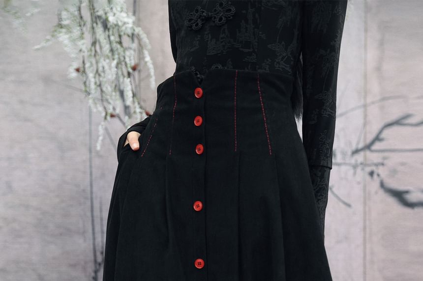 Corduroy Button Layered Lace Maxi A-Line Skirt High-Waisted Contrast Stitch
