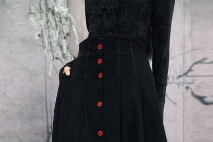 Corduroy Button Layered Lace Maxi A-Line Skirt High-Waisted Contrast Stitch