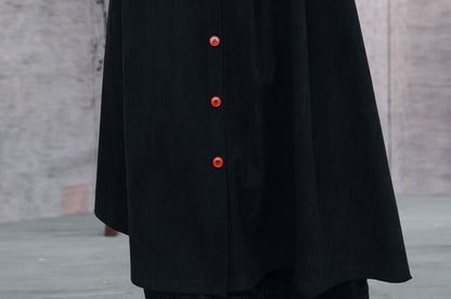 Corduroy Button Layered Lace Maxi A-Line Skirt High-Waisted Contrast Stitch