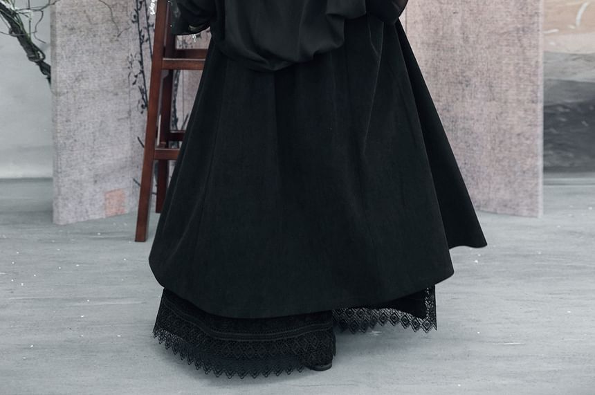 Corduroy Button Layered Lace Maxi A-Line Skirt High-Waisted Contrast Stitch