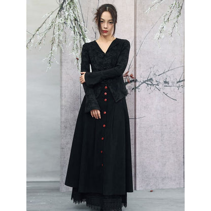 Corduroy Button Layered Lace Maxi A-Line Skirt High-Waisted Contrast Stitch