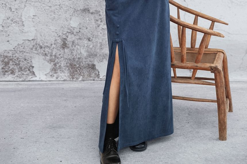 Mandarin Collar Peplum Corduroy Blouse Long Sleeve Frog Closure & High Waist Slit Pencil Skirt