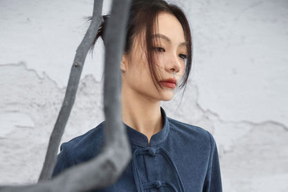 Mandarin Collar Peplum Corduroy Blouse Long Sleeve Frog Closure & High Waist Slit Pencil Skirt