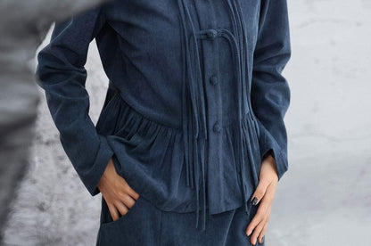 Mandarin Collar Peplum Corduroy Blouse Long Sleeve Frog Closure & High Waist Slit Pencil Skirt