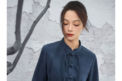 Mandarin Collar Peplum Corduroy Blouse Long Sleeve Frog Closure & High Waist Slit Pencil Skirt