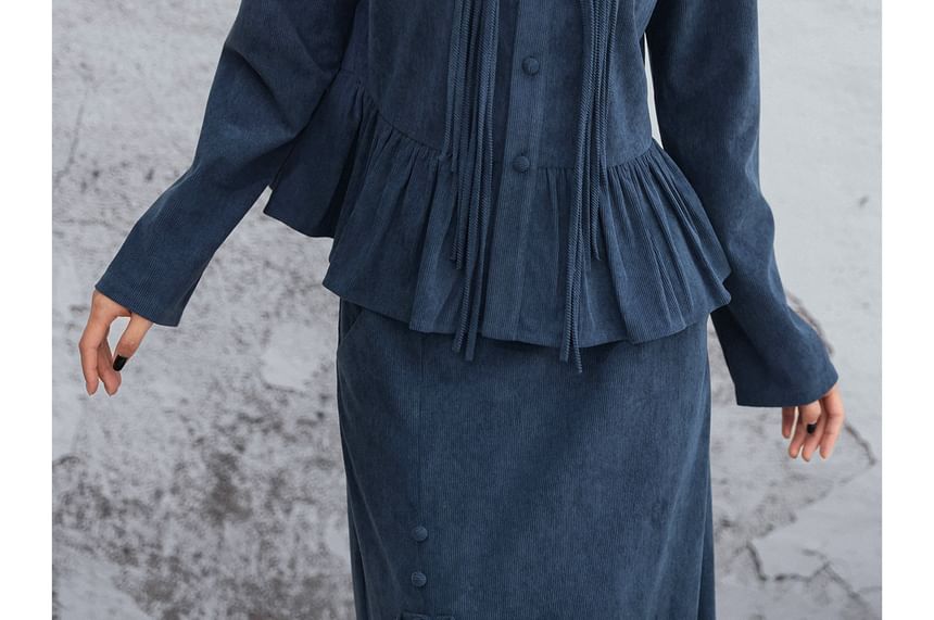 Mandarin Collar Peplum Corduroy Blouse Long Sleeve Frog Closure & High Waist Slit Pencil Skirt