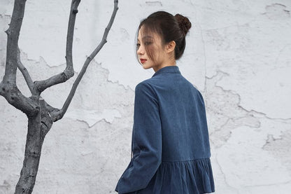 Mandarin Collar Peplum Corduroy Blouse Long Sleeve Frog Closure & High Waist Slit Pencil Skirt